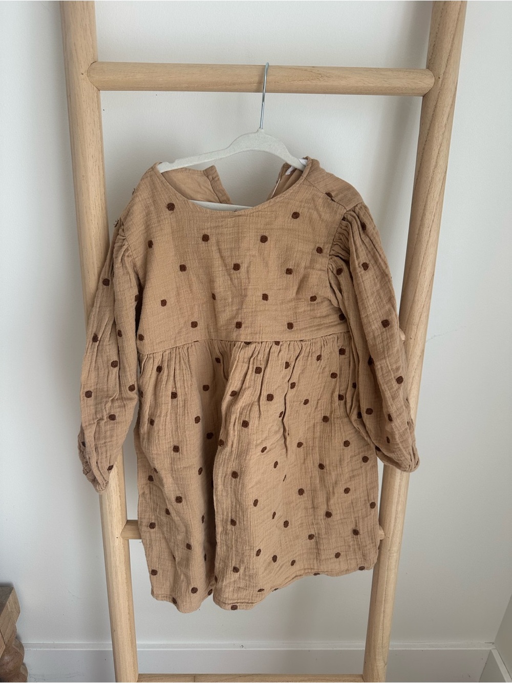 Zara Girl's Long-Sleeve Tan Polka Dot Dress